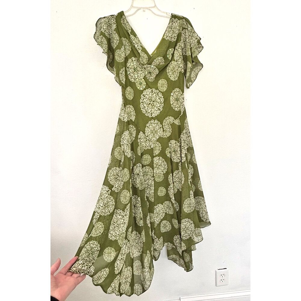 Signature Robbie Bee Womens Forest Fairy Ethereal Asymmetric Midi Dress 8 Beaded